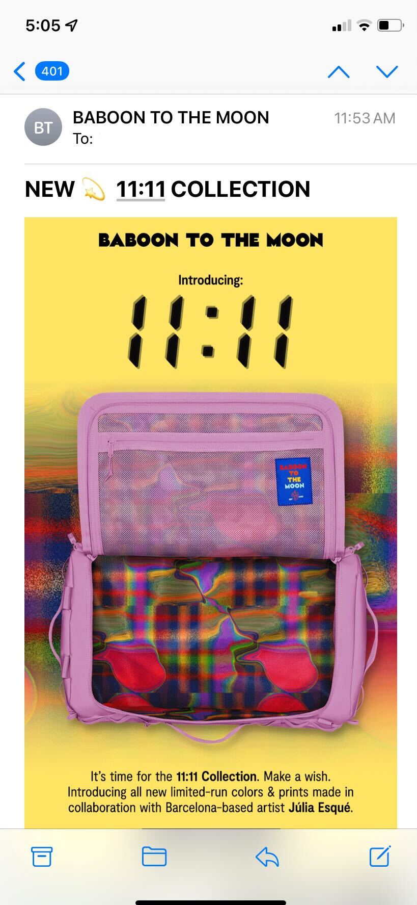 A product launch email from Baboon To The Moon, promoting a limited edition travel backpack collection.
