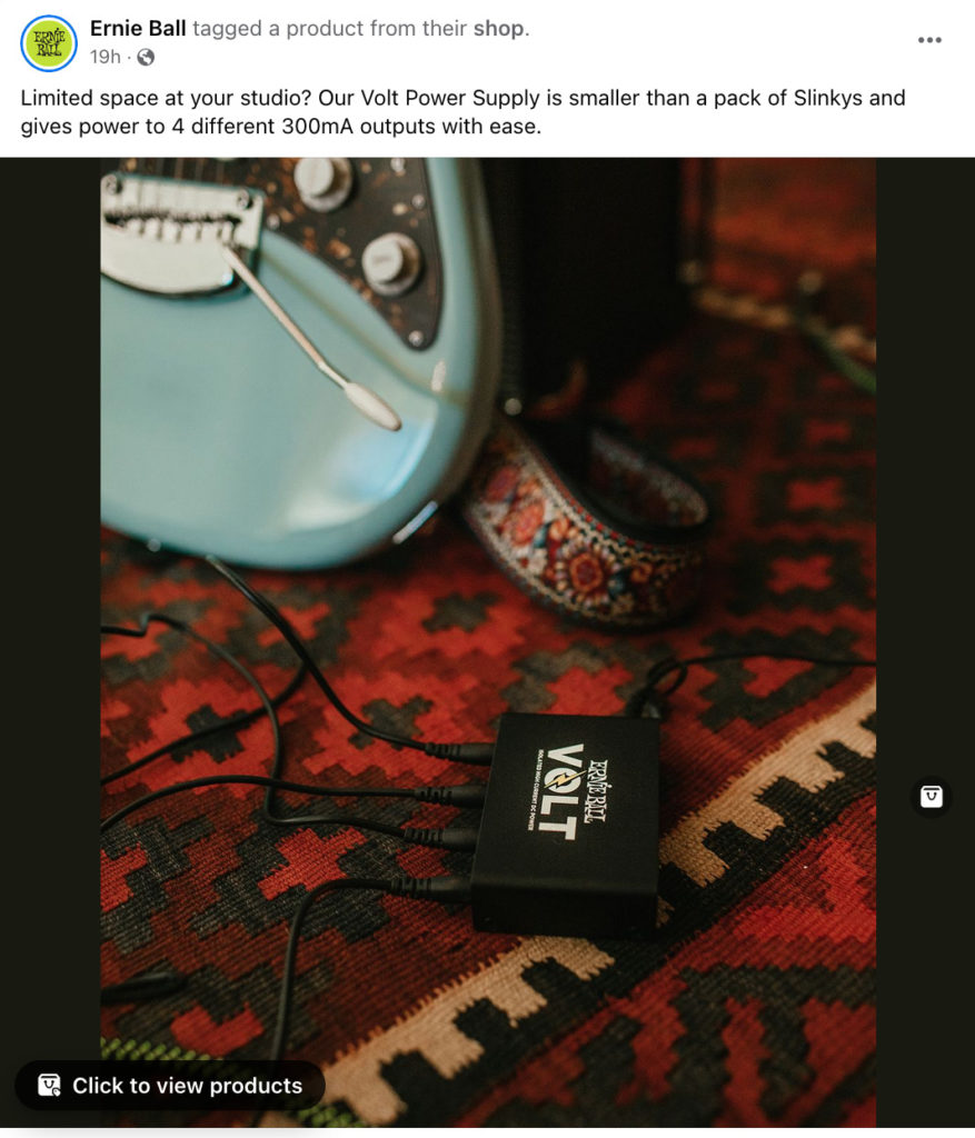 Screenshot of Ernie Ball Facebook Post that highlights product value with an attractive and relatable image