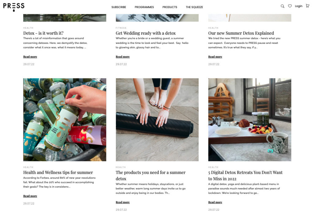 Screenshot of Press Blog Page that covers audience-relevant topics