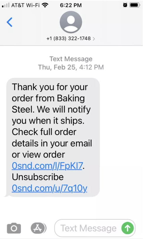 A screenshot of an order confirmation message sent via SMS. 