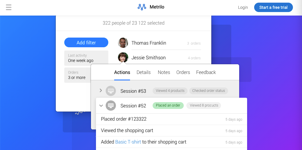 Blue and purple homepage for Metrilo CRM
