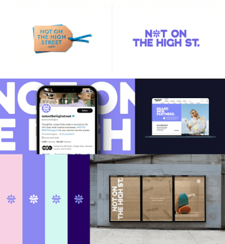 Not on the high street branding - uses cooler colours like purple and blue and placed their yarn ball shaped logo as the 'o' in 'not'.