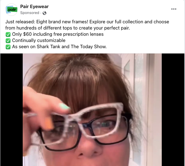 Social media ad for Pair Eyewear featuring a girl trying on glasses