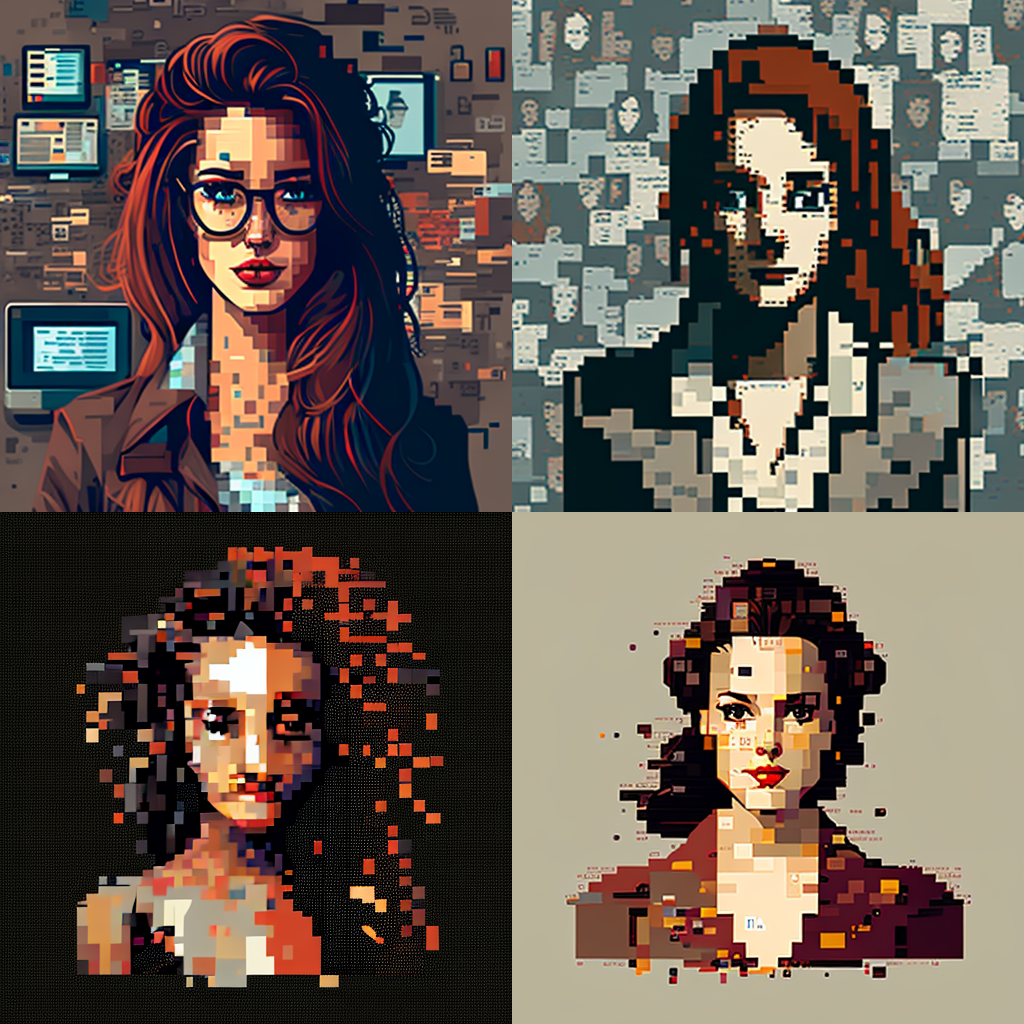 four cartoonish images of a white woman in business wear. i like this image because it looks like 4 different social media profiles.