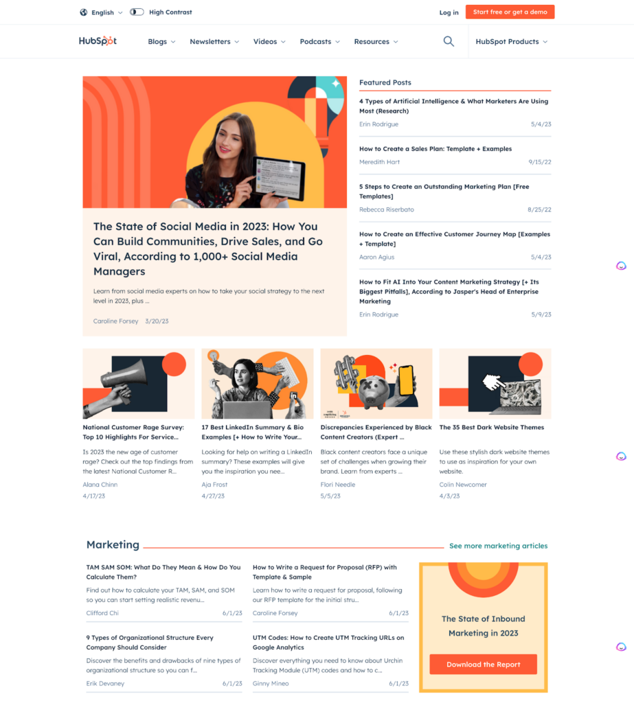 screenshot of Hubspot's content hub