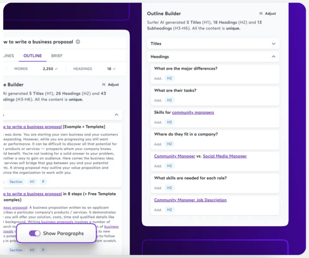 Surfer SEO’s Content Planner dashboard where you can plan briefs, write catchy headlines and map supportive pages to help you rank for difficult keywords. 