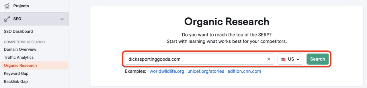 Organic Research tool in Semrush