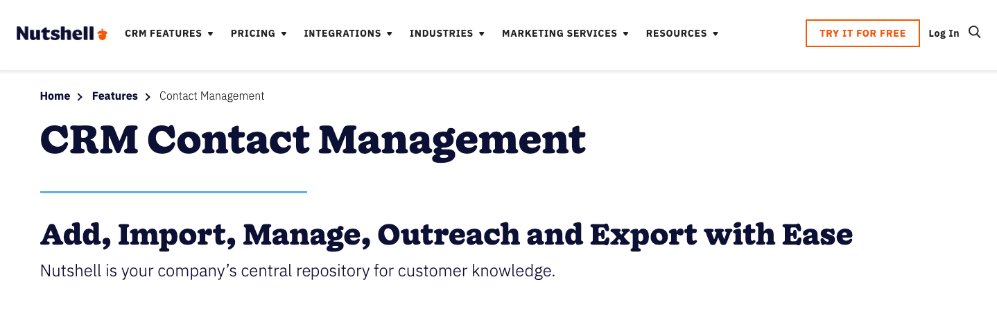Page on contact management from Nutshell