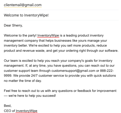 Sample of a written onboarding email to a client