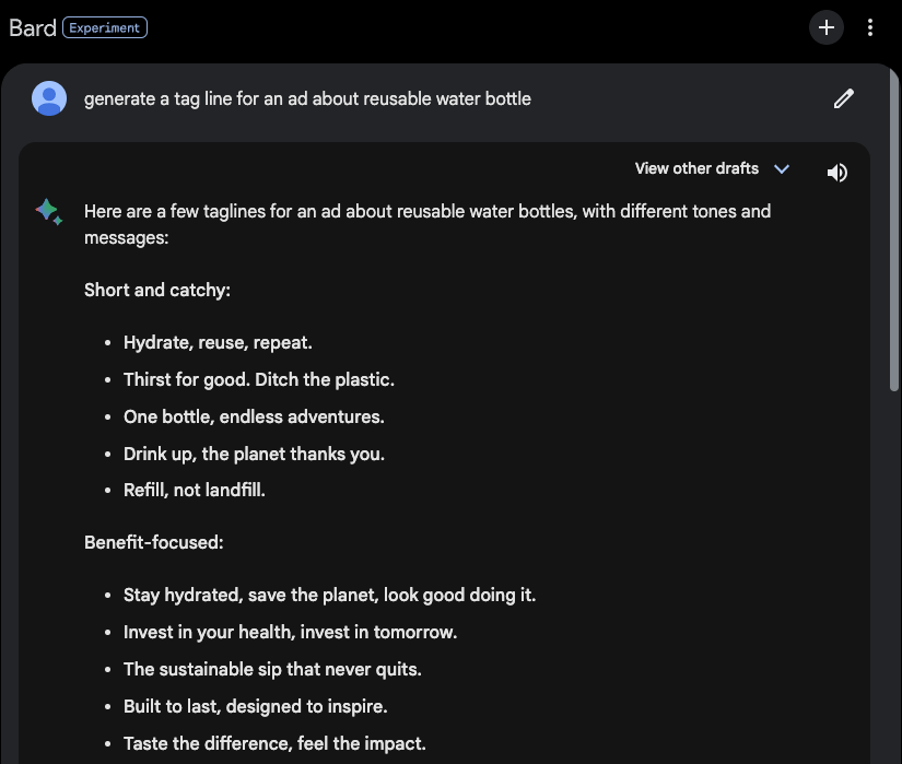 Google Bard generating ideas for ad taglines