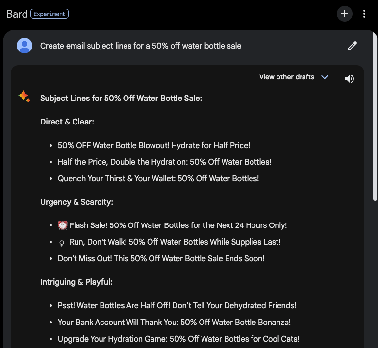 Google Bard generating subject lines for an email