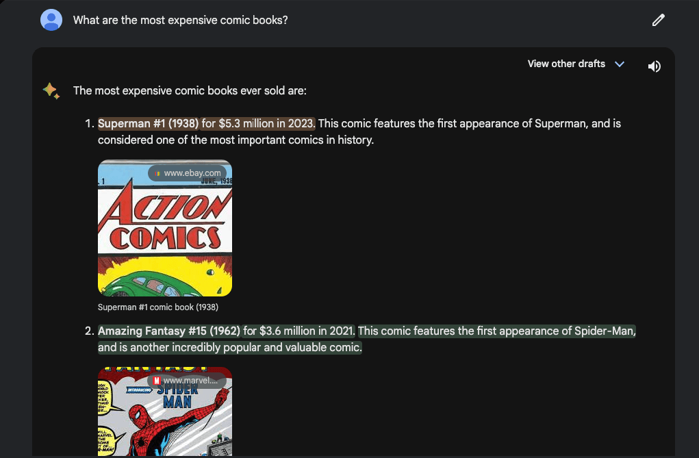 Google Bard answering a question about the most expensive comic books