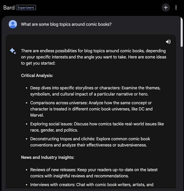 Google Bard generating a list of blog post topics around comic books