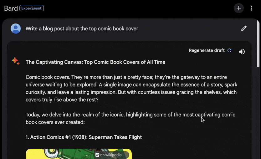 Google Bard generating an article about the top comic books