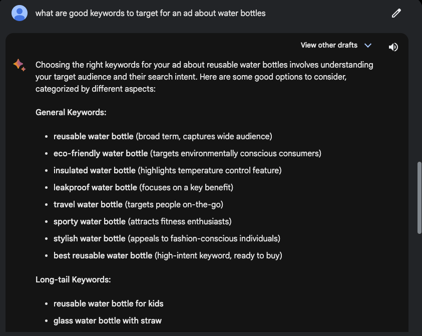 Google Bard generating a list of keyword suggestions