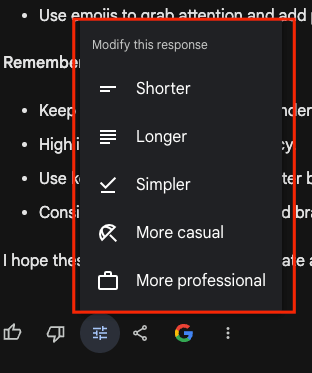 Options for modifying Google Bard responses
