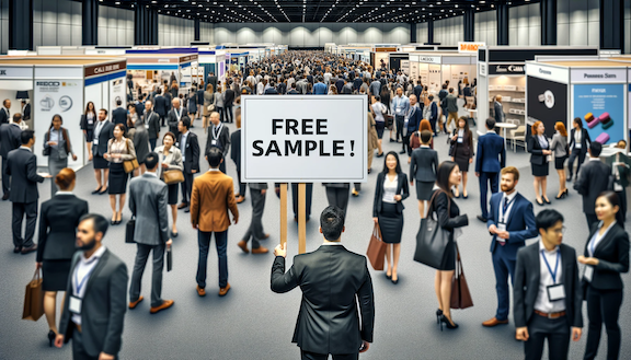 Among the crowd at a bustling conference, a person stands holding a sign that says "Free Sample!" as a strategy in a competitive market