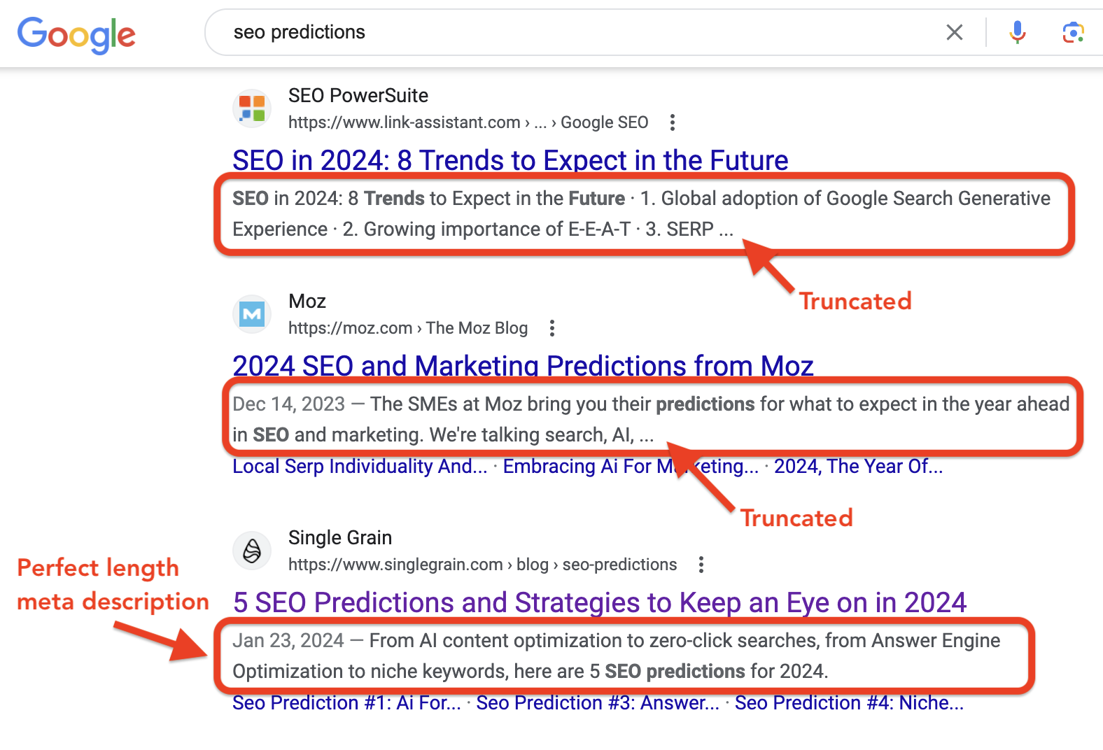 Example of meta descriptions in the SERPs