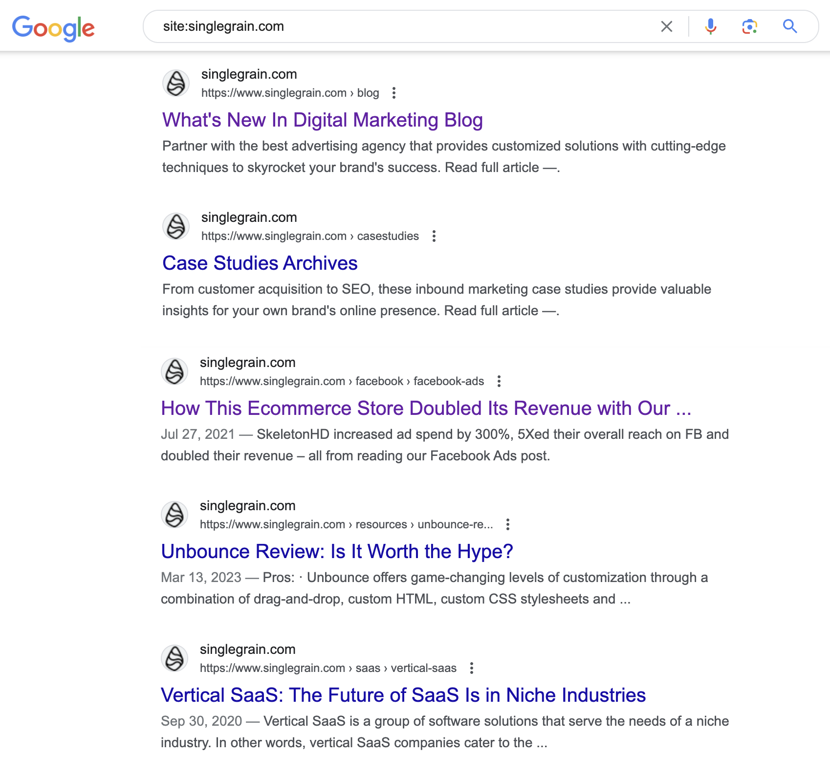 Screenshot of search results showing the Single Grain site still appearing -- good news after the March 2024 Google algorithm core update