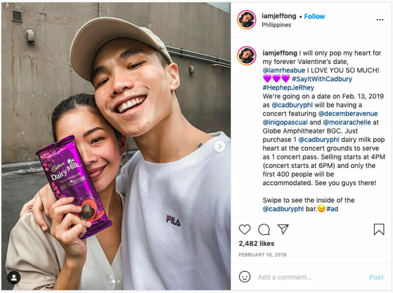Instagram post by Jeff Ong promoting Cadbury Diary Milk chocolate