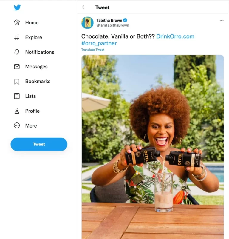 Tabith Brown showcasing Orro drink on Twitter