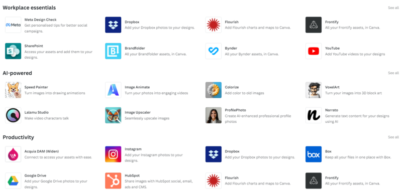 Canva's numerous app integrations that make it a great tool