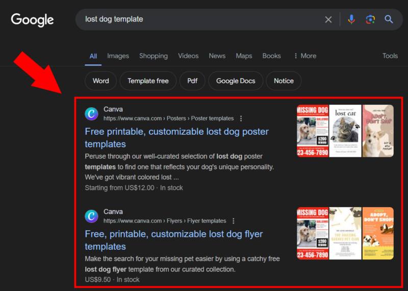 Canva mobile pages on SERPs for lost dog templates