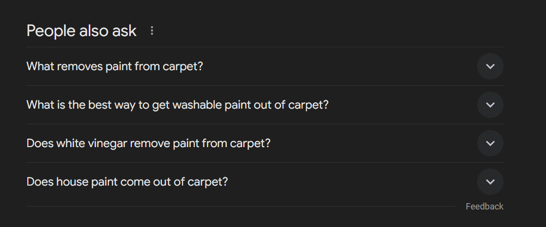 People Also Ask section about how to remove paint from carpets