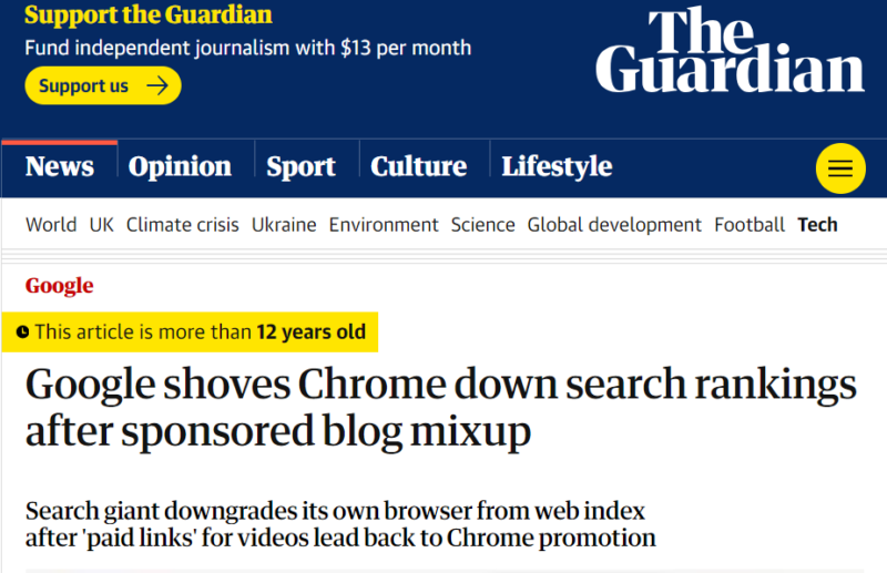 The Guardian headline on Google penalizing Chrome browser