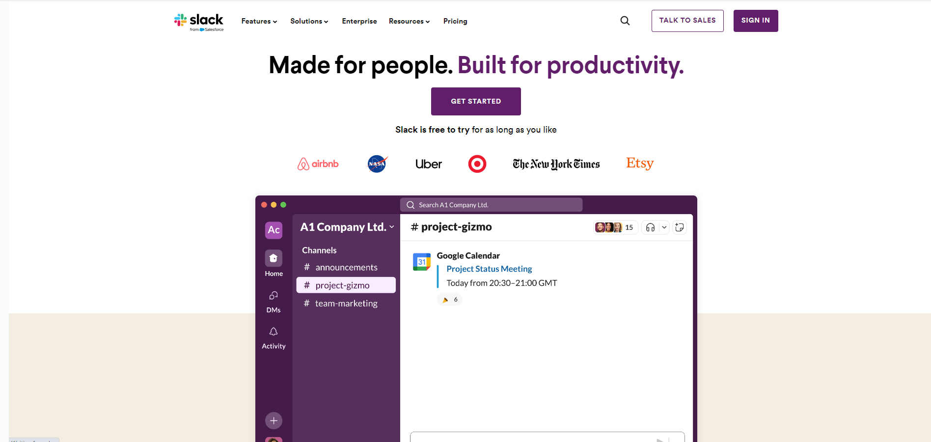 Slack home page example
