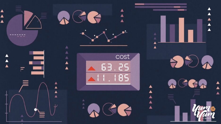 An abstract, dark-themed illustration filled with various charts, graphs, and data visualizations. A central display shows numbers indicating costs. The image conveys the analytical side of digital marketing, highlighting the importance of data-driven strategies and the ability of platforms like YouTube to provide valuable insights through detailed analytics.
