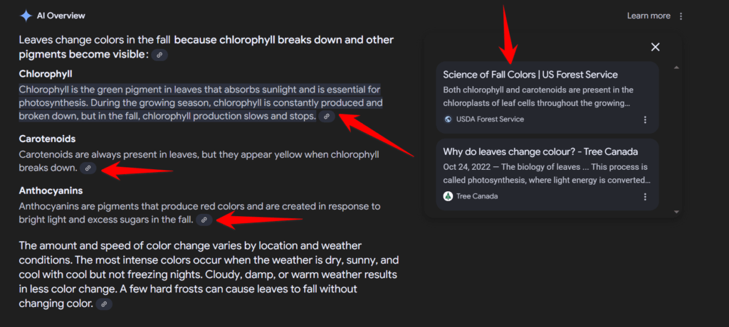 Red arrows pointing to the sources of generative AI results