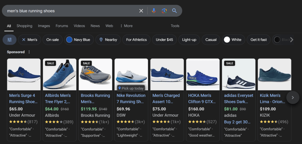 Ads for blue running shoes in Google