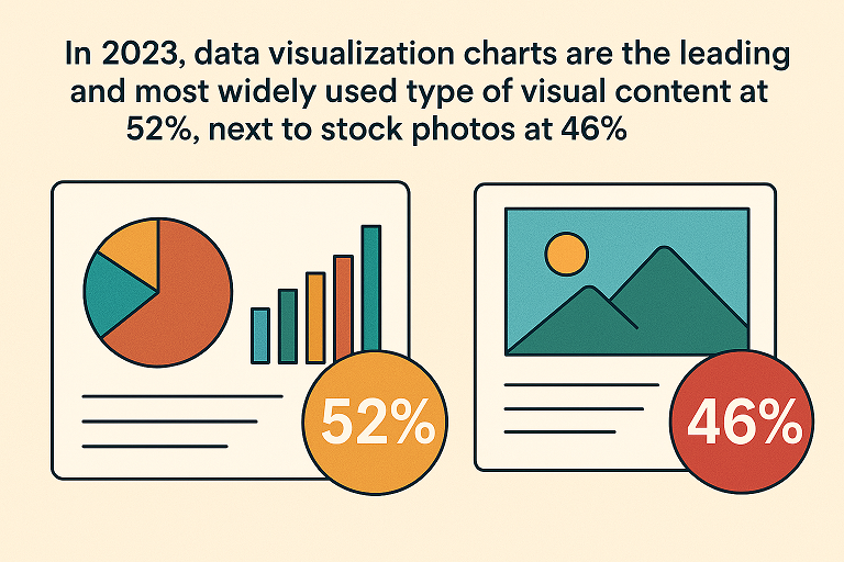 Illustration showing 52% preference for data visualization charts and 46% for stock photos in 2023 visual content trends.