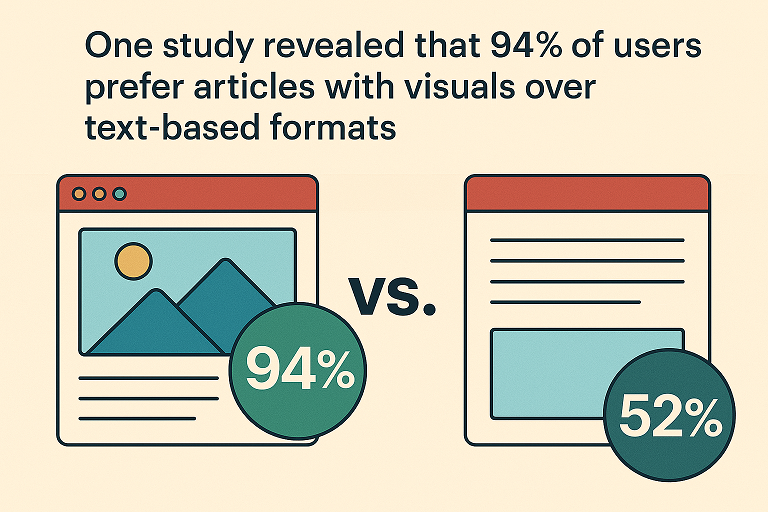 Graphic comparing user preference for articles with visuals (94%) versus text-only formats (52%) in content marketing.