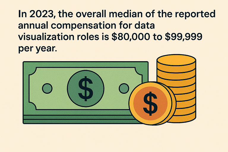 Infographic showing 2023 median annual salary range of $80,000–$99,999 for data visualization roles.