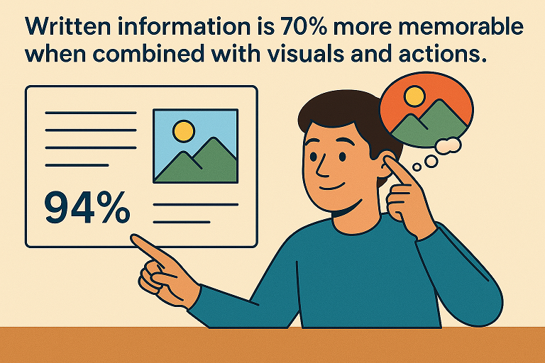 Person pointing to a visual aid with 94% graphic, emphasizing how visuals make written content 70% more memorable.