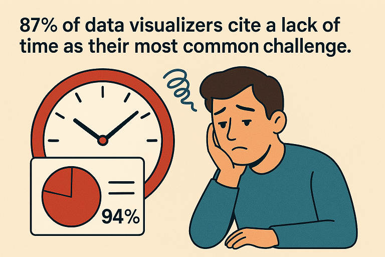 Illustration of a stressed man beside a clock and pie chart highlighting 87% of data visualizers struggle with time management.