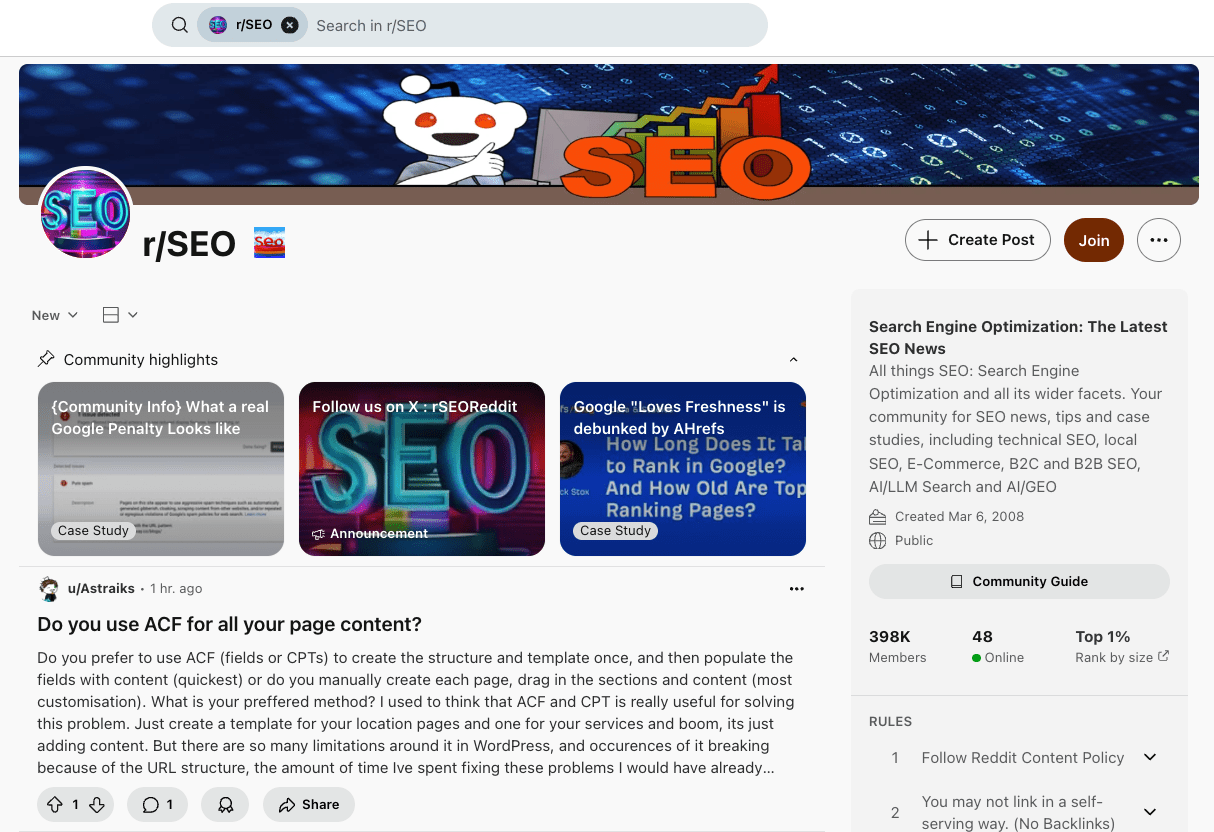 Screengrab of Reddit's r/SEO subreddit