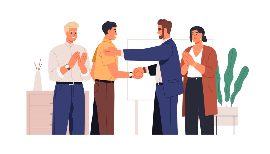 People,Congratulating,Colleague,With,Success,At,Work.,Boss,Handshaking,Happy Group of people with two shaking hands in the middle