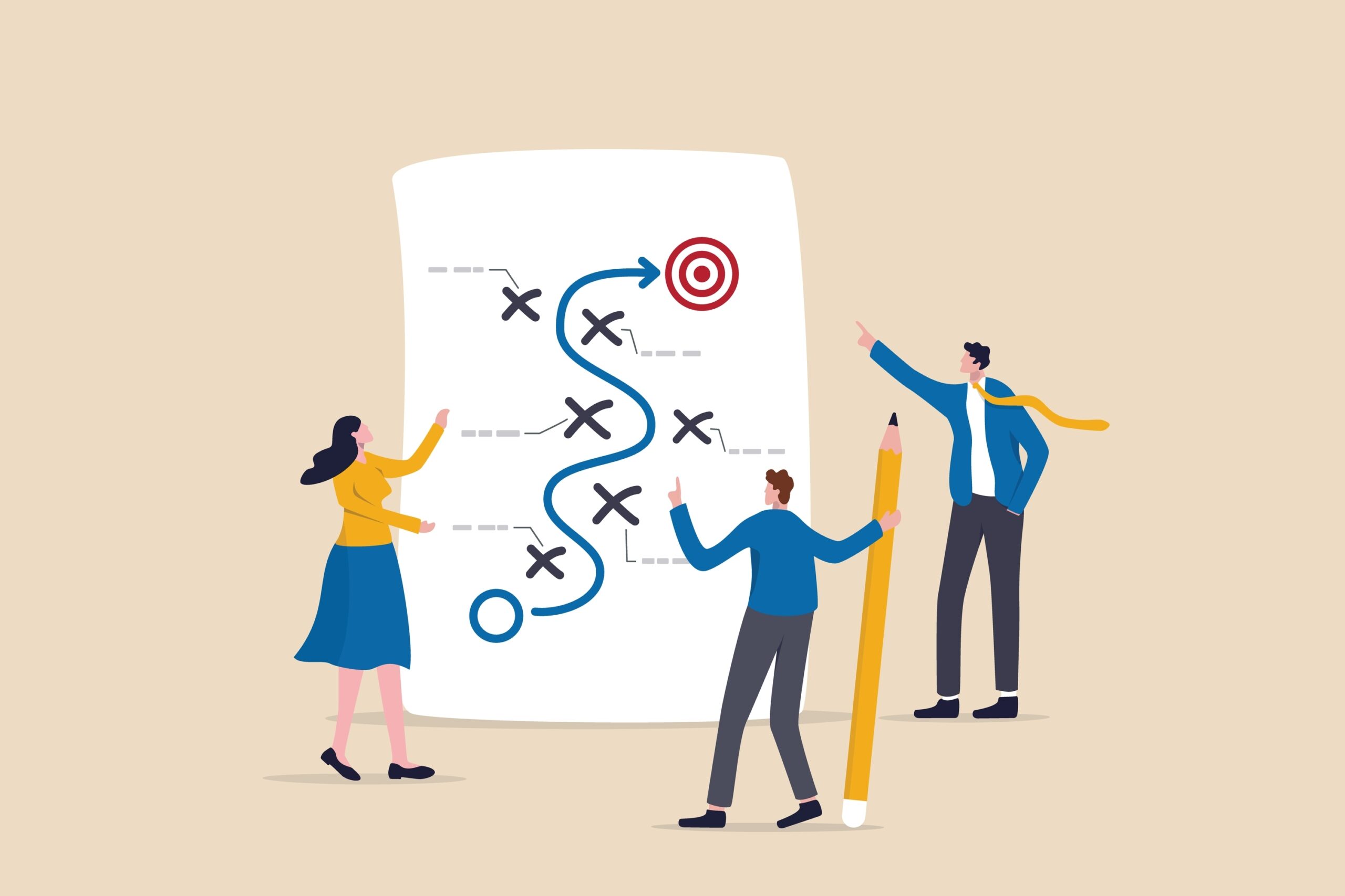 Strategic,Planning,,Plan,To,Overcome,Difficulty,Or,Obstacle,To,Reach Three people pointing to giant piece of paper